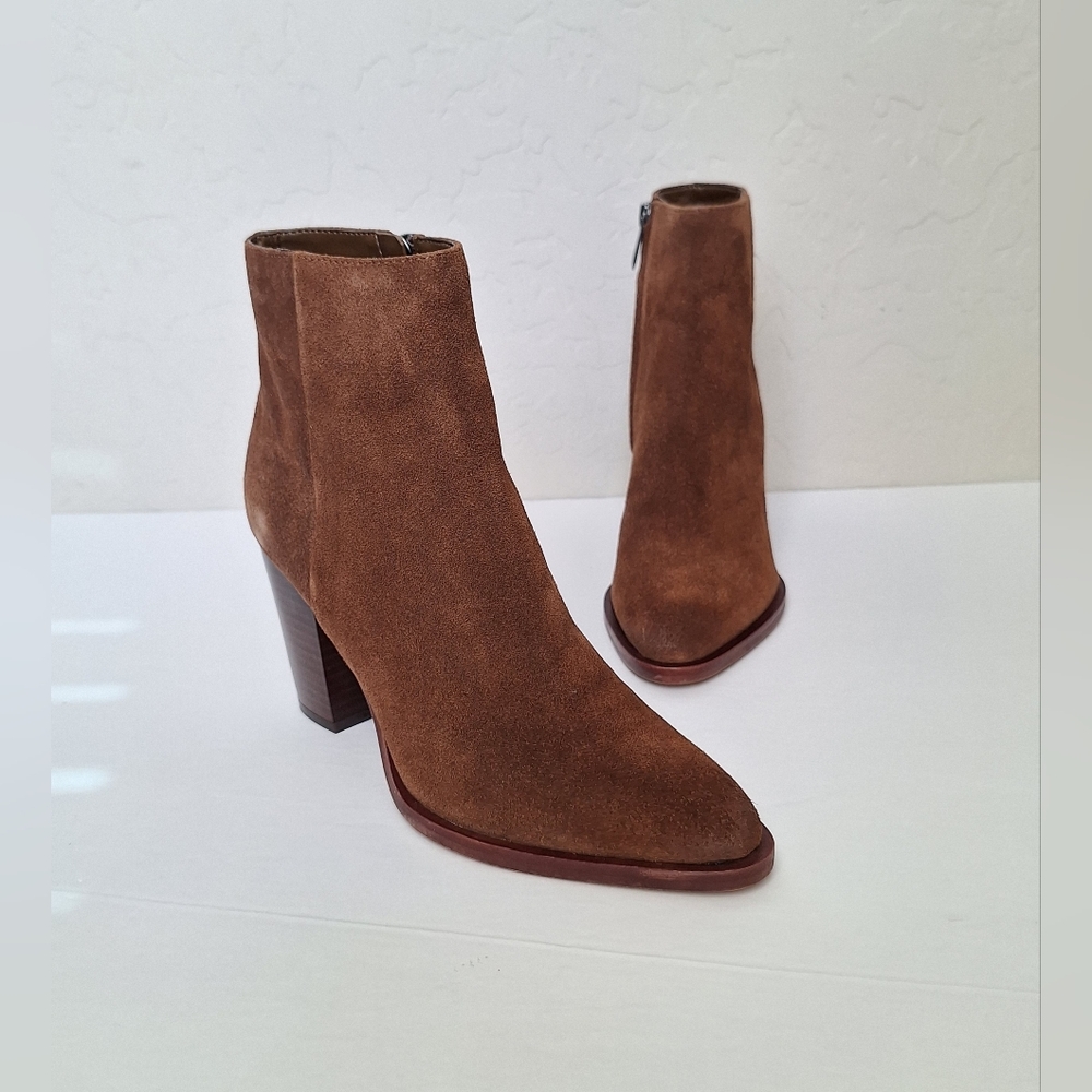 Sam Edelman Brown Suede Boots Blake Chocolate Chunky Pointed Toe Western NEW